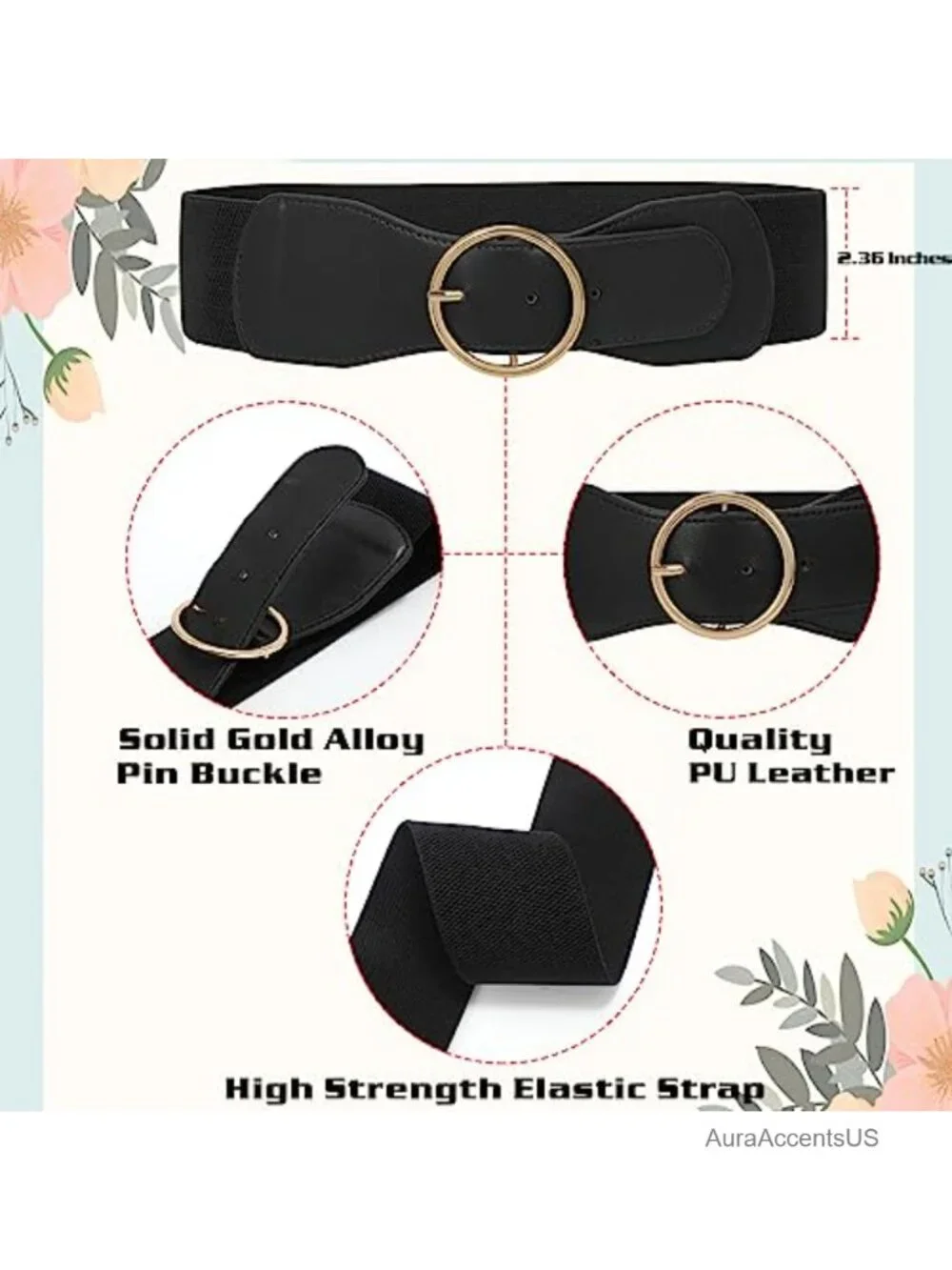 Wide Elastic Stretch Belt with Gold O Ring Buckle 2.37 Inch